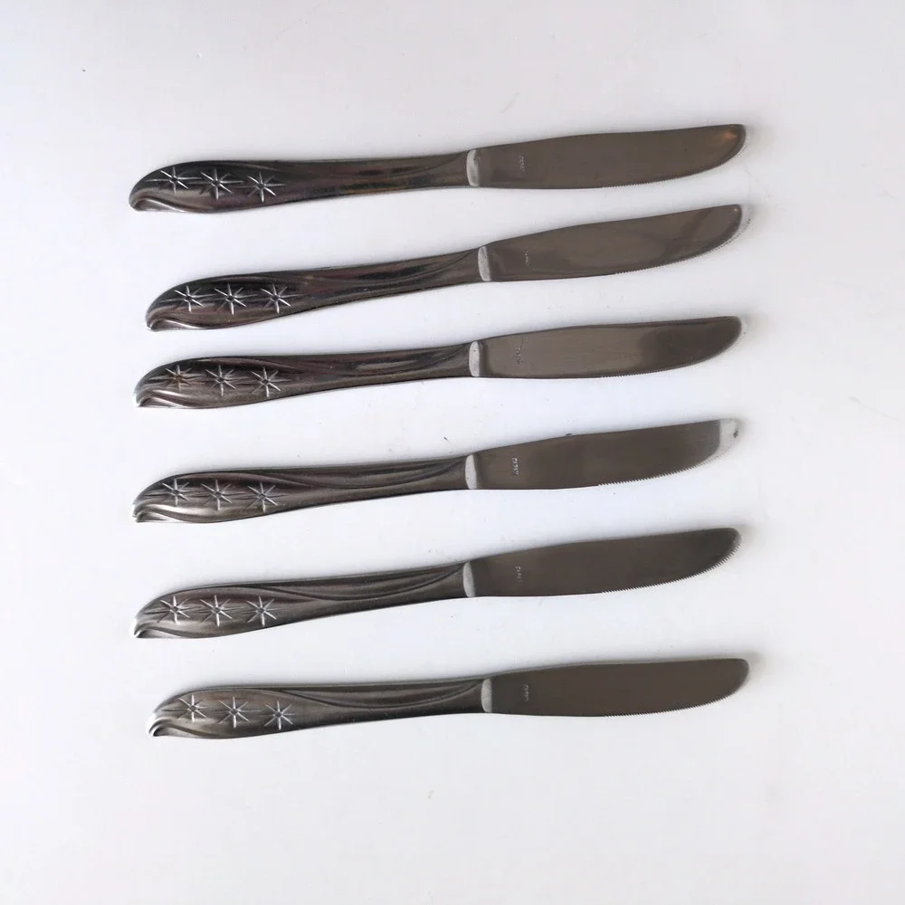 Vintage Starburst Atomic Star Stainless Steel Dinner Knives Japan Set of 6 MCM‎